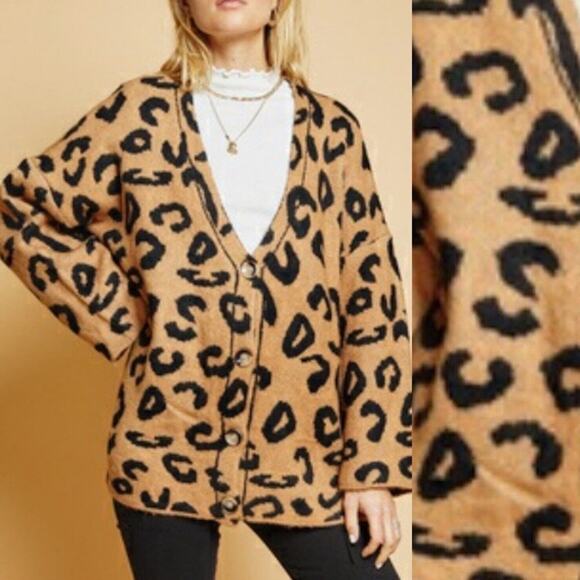 SAGE THE LABEL • Camel + Black Leopard Cheetah Print Cardigan - Picture 1 of 7